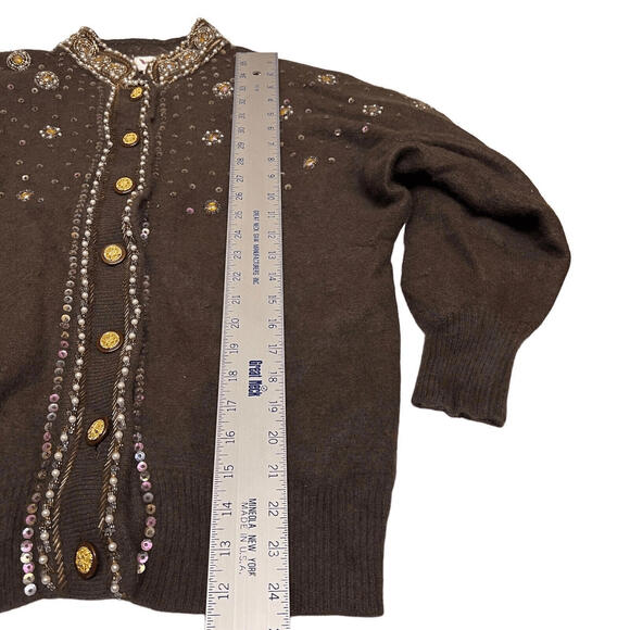 Vintage Vango Cardigan S Brown‎ Angora Beaded Embellished Mock Neck 70s Coquette - Picture 3 of 13